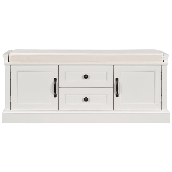 Canddidliike Wood Cushion Entryway Bench with Storage Drawers and Cabinets, White