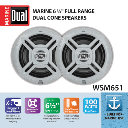 Dual Electronics WSM651 Two 6.5 inch Water Resistant Dual Cone High Performance Marine Speakers with 100 Watts of Peak
