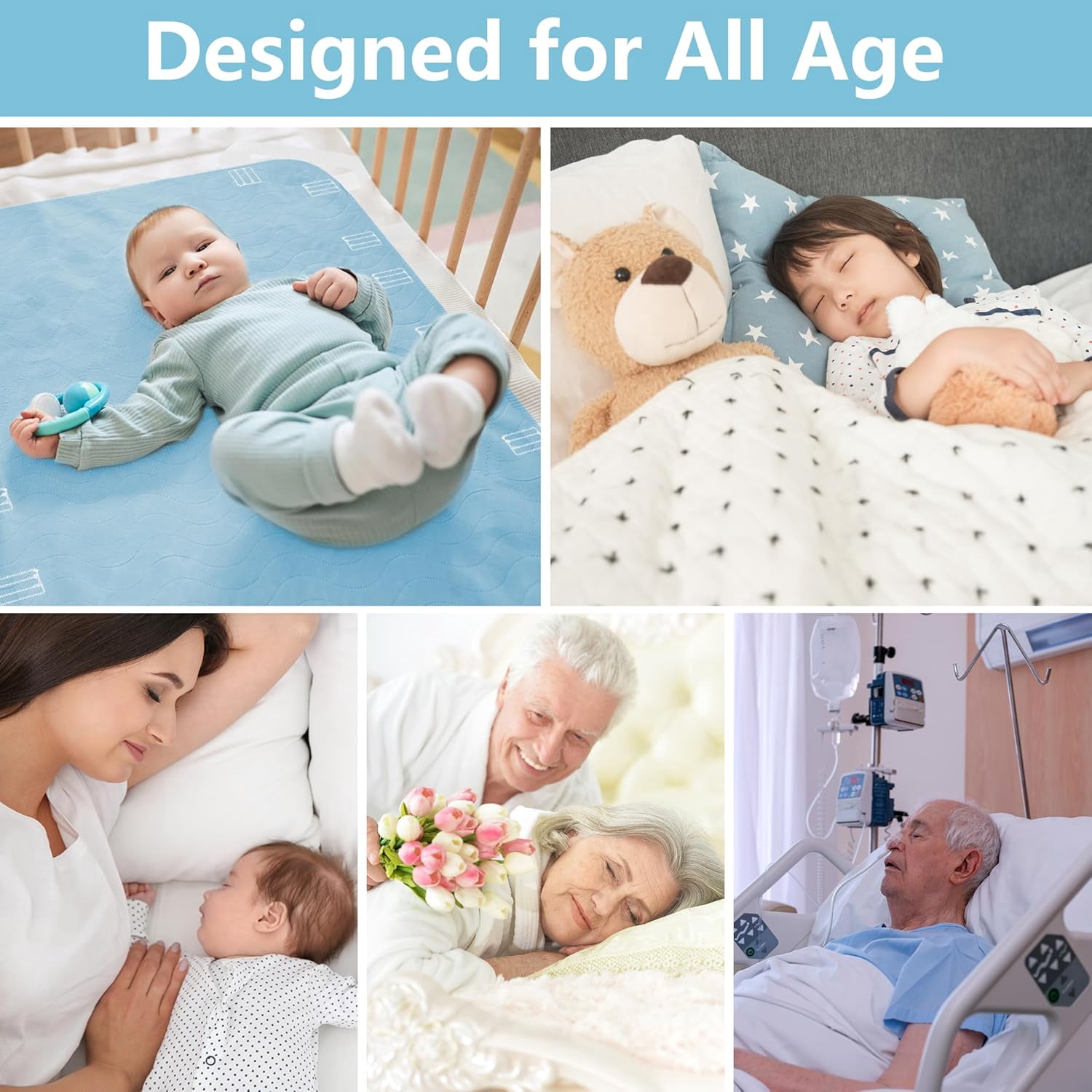 Improvia Positioning Bed Pad 34"x52" with 8 Reinforced Handles,Washable Underpads 4 Pack Incontinence,Heavy Absorbency Reusable for Elderly, Kids Adults, Waterproof Quick Drying for Bed