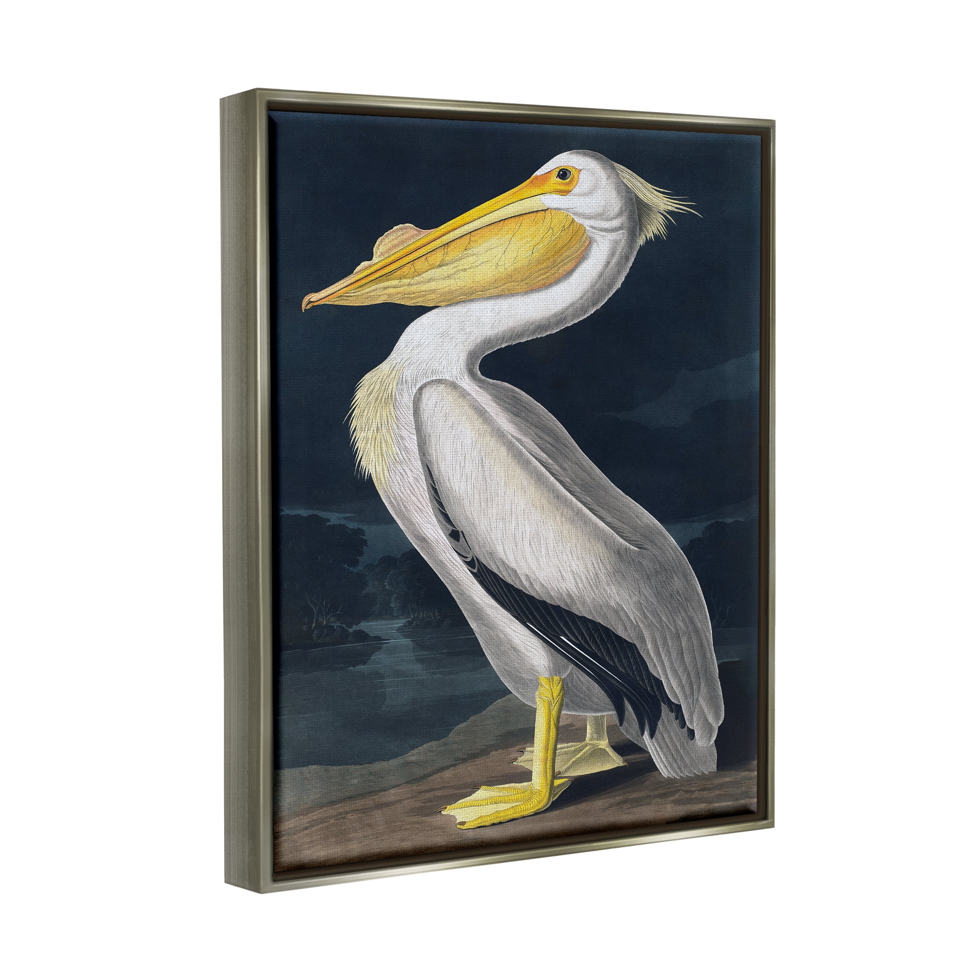 Stupell Industries Pelican on Night Shore Animals & Insects Painting Gray Floater Framed Canvas Art Print Wall Art, 25 x 31