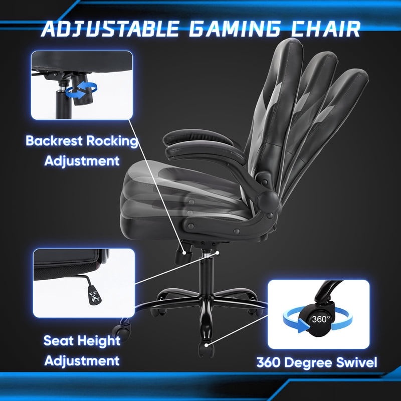 Gianna Ergonomic Computer Gaming Chair with Flip-up Armrest, Height Adjustable PU Leather Home Office Desk Chair with Lumbar Support Swivel Wheels and for Adults，Black Gray