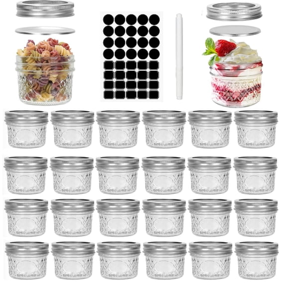 24 Pcs Mini Mason Glass Canning Jars,4 OZ Jelly Jars With Regular Lids Silver,Ideal for Honey,Jam,Wedding Favors,Shower Favors,Small Pice Jars