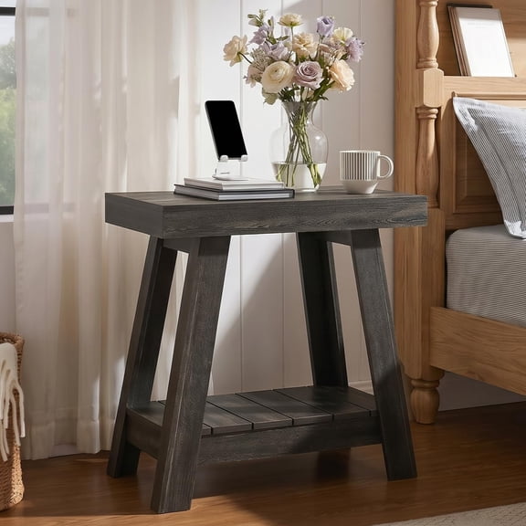 Tribesigns 2-Tier Nightstand with Open Storage, 23.6" Narrow Wooden Side Table for Bedroom, Rustic Gray