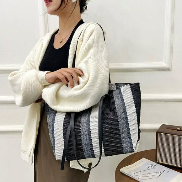 Canvas Shoulder Tote Bag | Vertical Stripe Design | Large Capacity Waterproof Casual Handbag | Comfortable Wide Handles | Multi-Purpose Organizer | 27x30x14cm | White, Brown