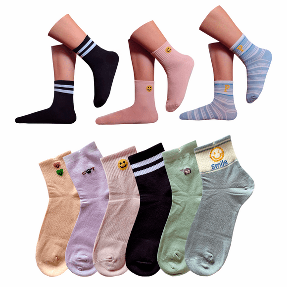 Calcetines Tobilleros Dama Estampado Algodón 12 Pares BEIHAO Calcetas Tobilleros Estampados