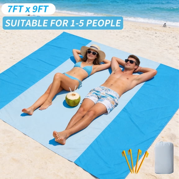 Yiannan Nylon Large Beach Blanket Waterproof & Sandproof - 84”x 108”/7ft x 9ft - Lightweight Picnic Mat, Camping Necessities for 5 People, Accessories for Outdoor Festivals, Blue