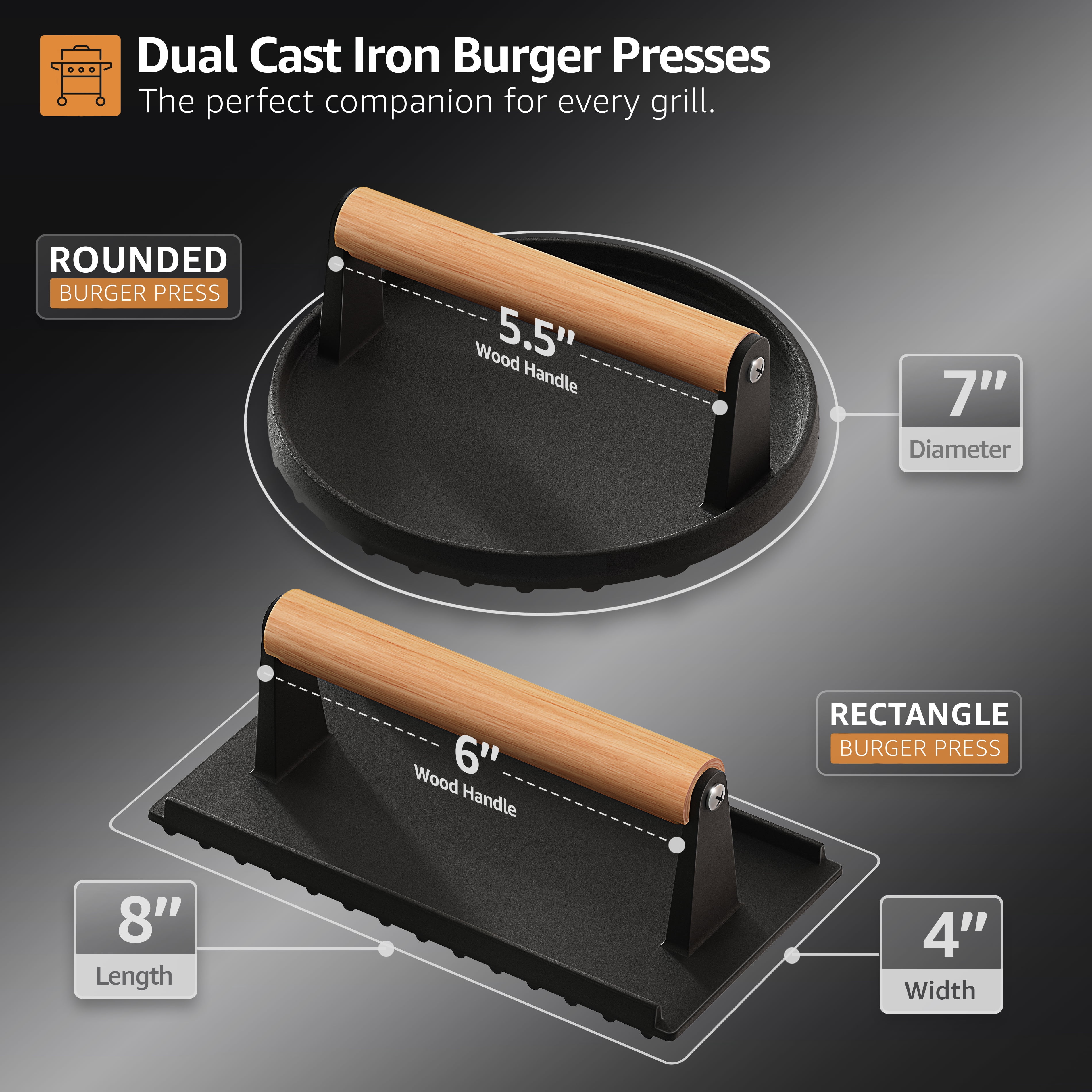 Sorbus Cast Iron Burger Press Set with Wood Handles, Round 7-Inch and Rectangle Press