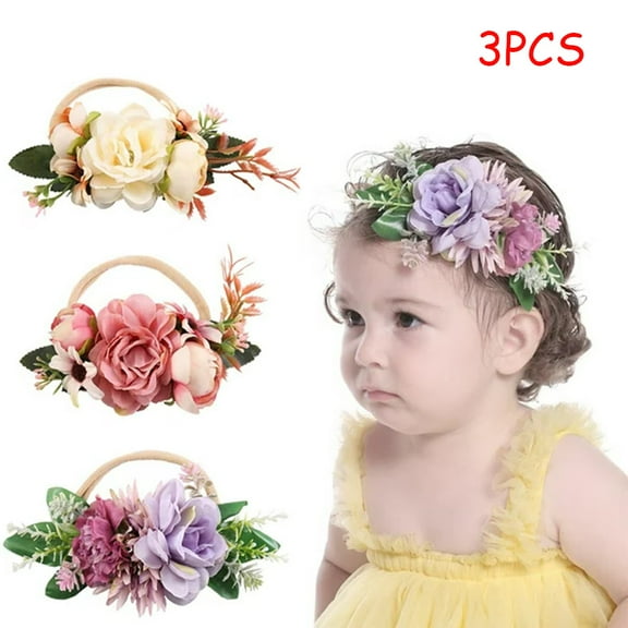LNGOOR 3 Pack Baby Girl Floral Headbands Set - Flower Crown Newborn Toddler Hair Accessories （1-6 years old）