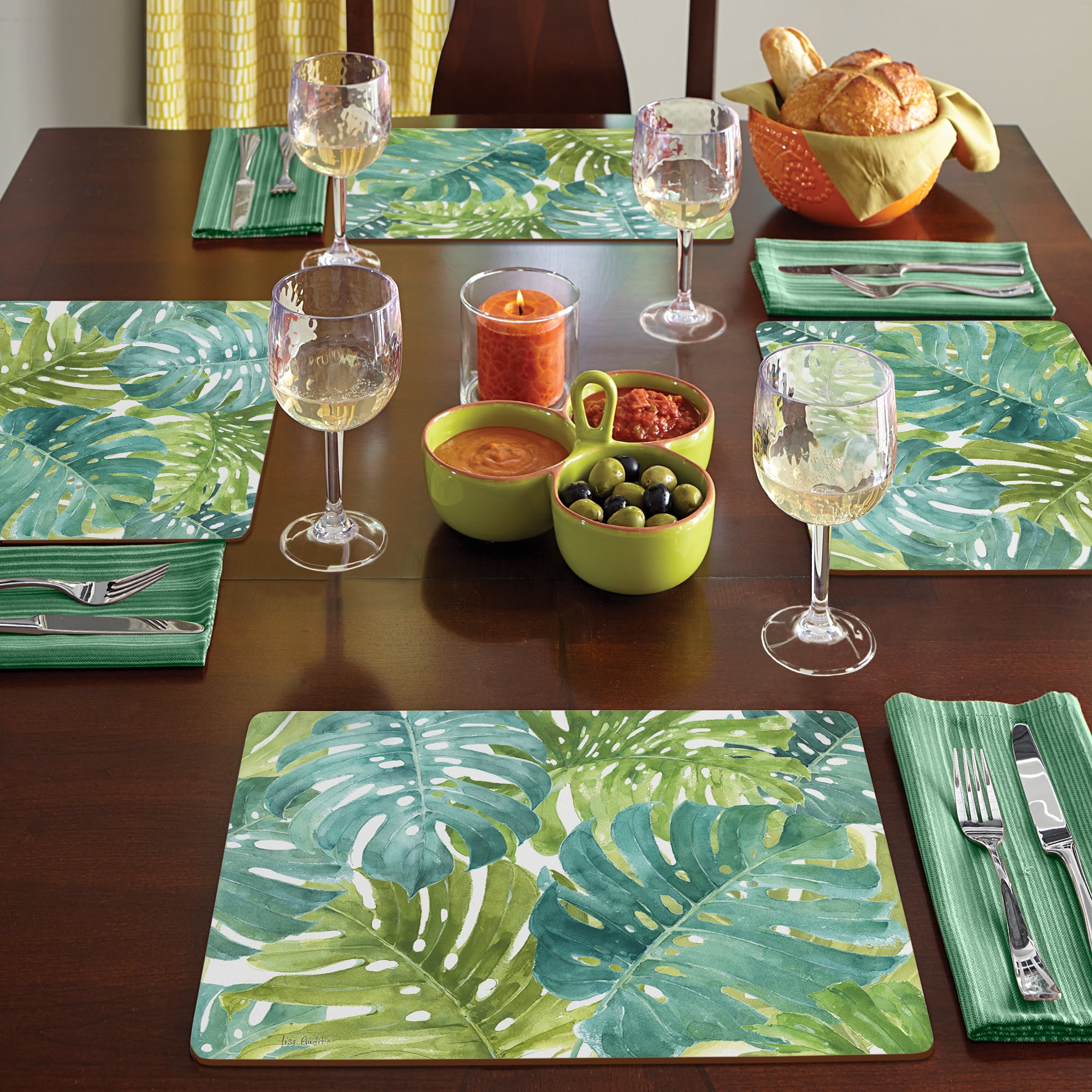 Cala Home "Tropical Green" Premium Decorative Hardboard Cork Back Tabletop Placemats 4 Pack
