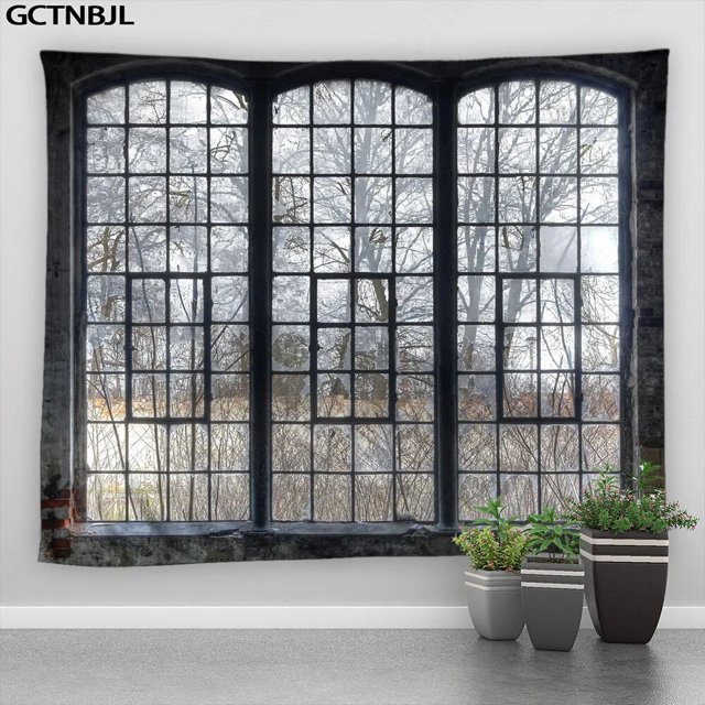 Tapiz navideño colgante de pared fuera de la ventana, Paisaje de nieve, bosque, invierno, dormitorio, sala de estar, decoración del hogar, tela