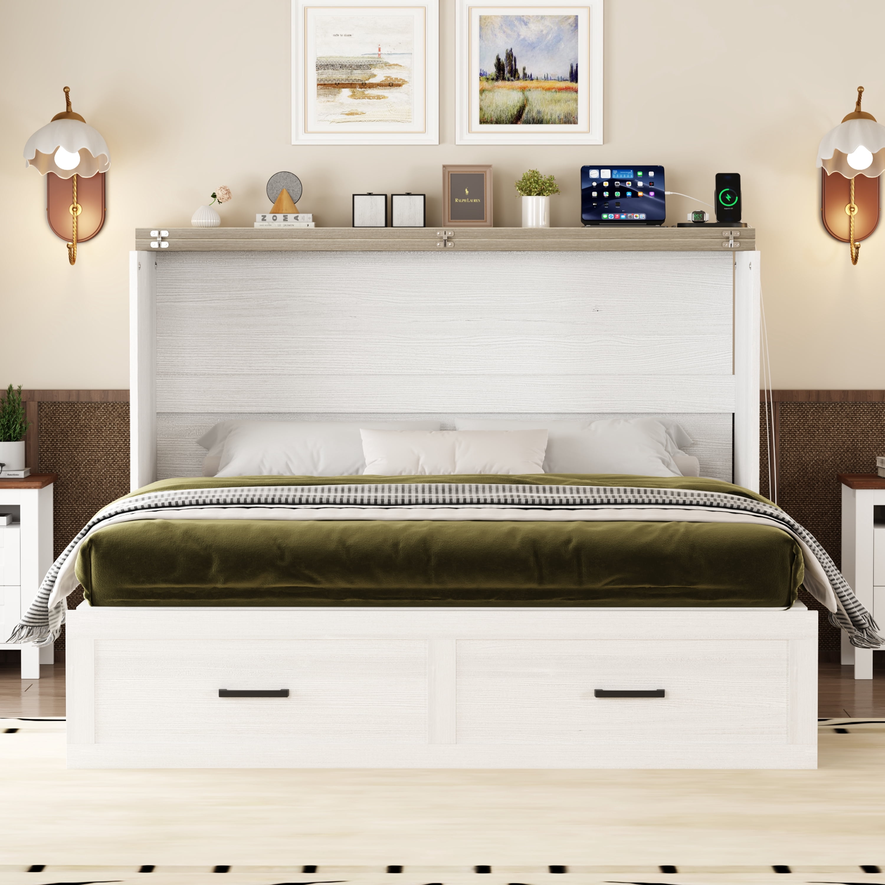 Euroco Wood Queen Size Murphy Bed, Foldable Platform Bed with Drawer and Charging Station, Cabinet Bed for Bedroom, White