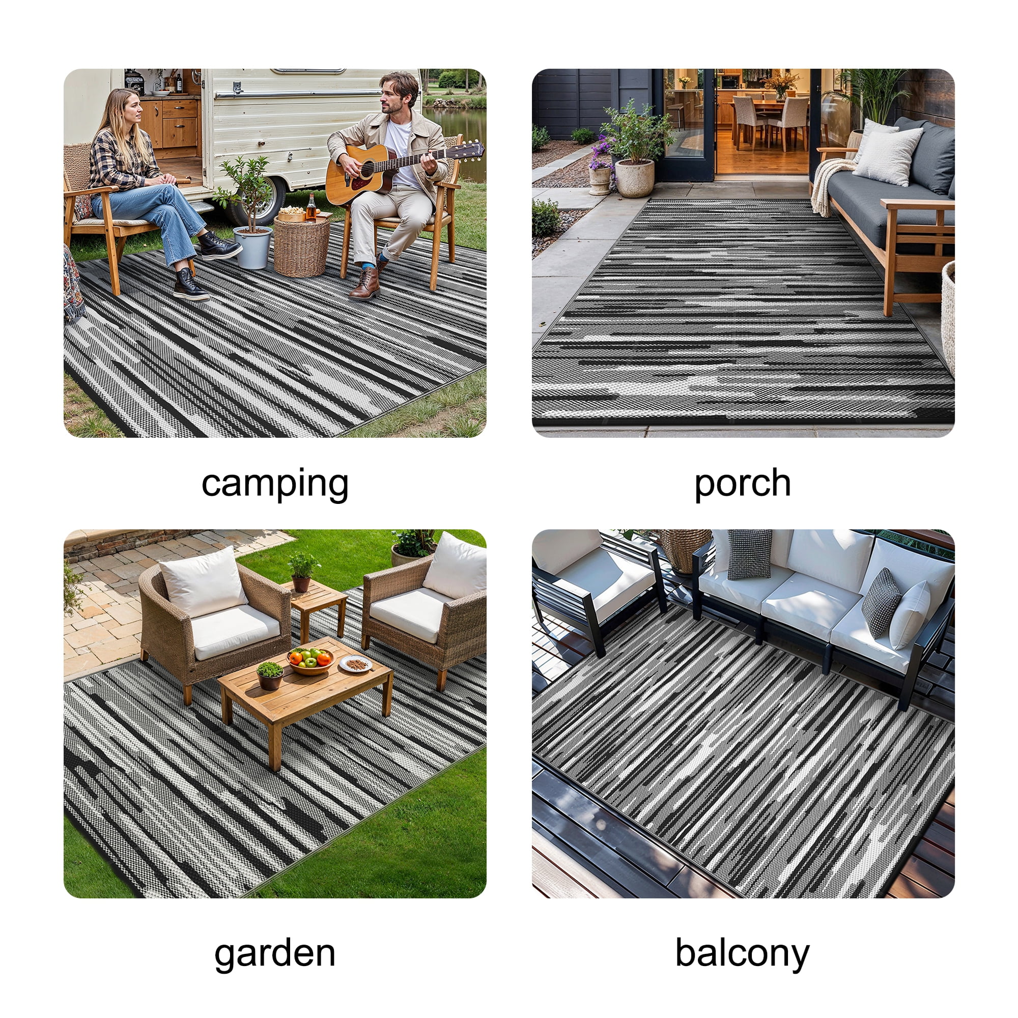 KUETH 6' x 9' Reversible Outdoor Rug Waterproof Foldable Plastic Camping Mat for Patio Yard Balcony RV, Black & White