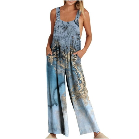 

MIANHT Womens Jumpsuits Fashion Loose Pleated Wide Leg Rompers Button Strap Pocket Long Jumpsuits Trendy Marbled Print Square Neck Sleeveless Maxi Summer Overalls Light Blue m
