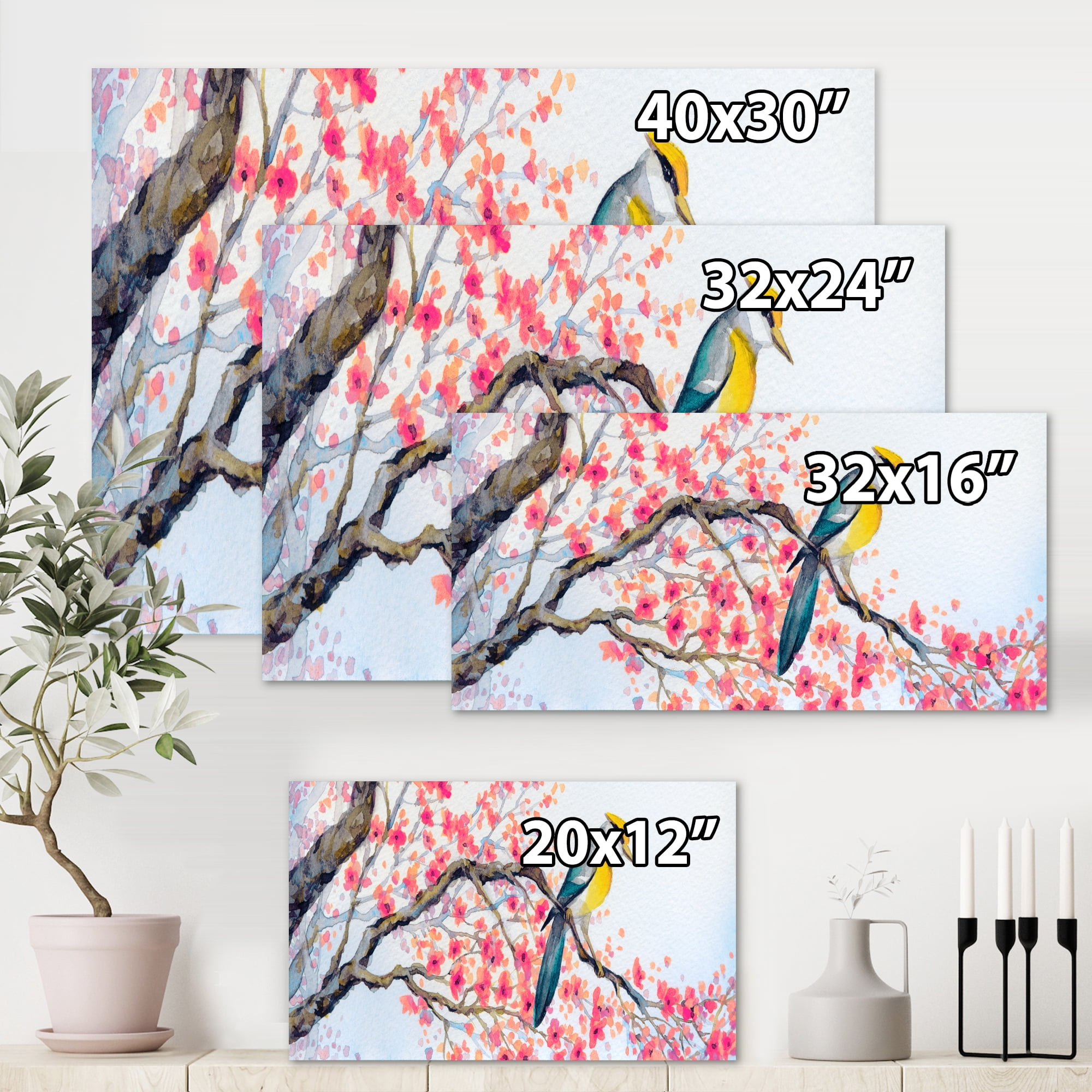 Beautiful Pink Bird Sitting On Flowering Branch I 12 in x 8 in Painting Canvas Art Print, by Designart
