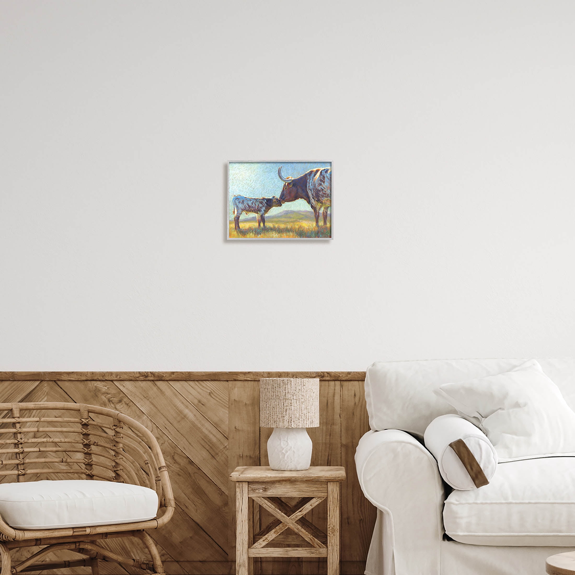 Mother Cattle Calf Sunlit Farm Animals & Insects Painting Gray Framed Art Print Wall Art