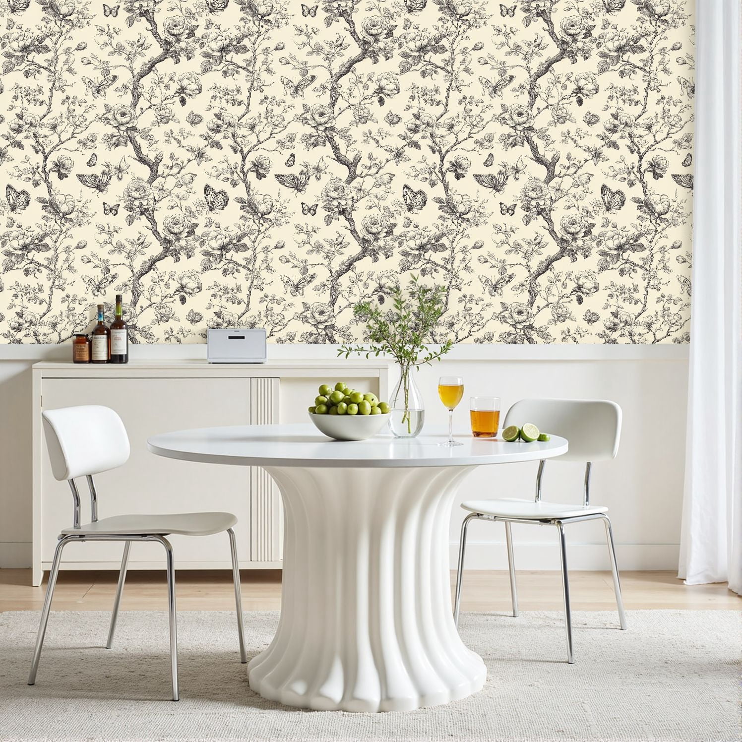 Peel and Stick Wallpaper Vintage Floral Butterfly Botanical Monochrome Line Art 17.7in x 118in Contact Paper Removable Self Adhesive Wall Mural Wall Decor for Bedroom Kitchen Cabinets
