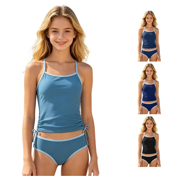 ZXLBBD Girls Bathing Suit Summer Ruffle Spaghetti Straps Stretch Fit Cropped Tankini Top with High Waist Bottoms for Youth Casual Beach Pool,Light Blue,7 Y-8 Y