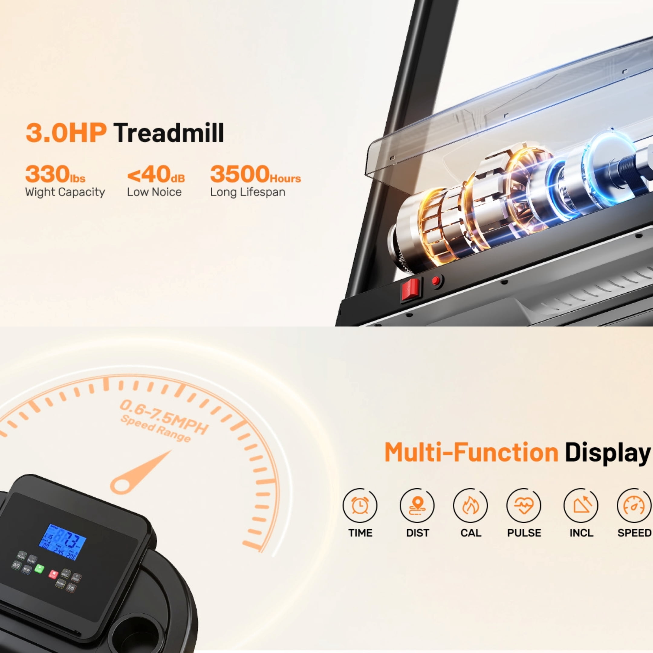 Foldable Electric Treadmill for Home with 0-15% Auto Incline,330-440lbs Capacity Portable Treadmill Compact 3.0 HP Portable Treadmill with Incline for Running Exercise with 7.5 MPH Speed