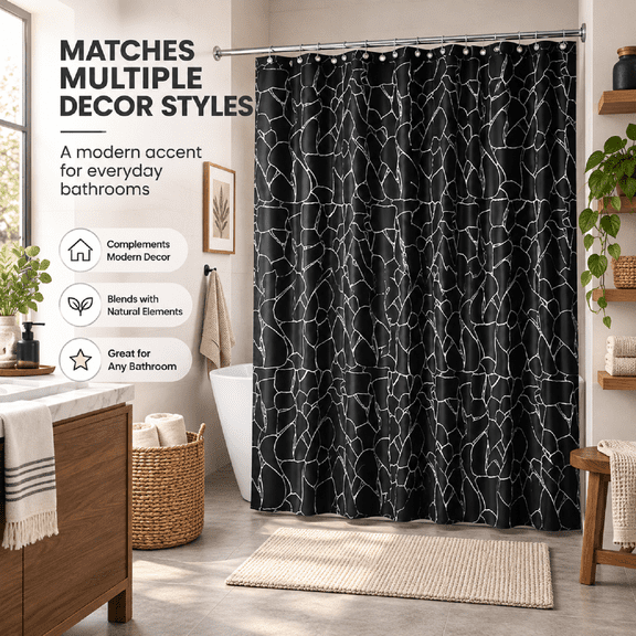 Stone Texture Silver Foil Shower Curtain, 72" Thickened Waterproof Bathroom Partition, Modern Home Decor Curtain for Tub & Shower Stall, Rust Proof Grommets, Black