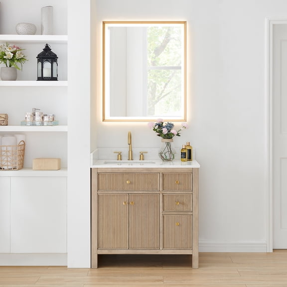 Cerrito 36" Wood Vanity in Nature Oak Engineered Stone Top with Mirror