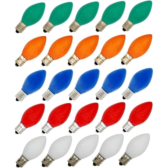 Box of 25 Ceramic Multicolor Blinker Bulbs – Green, Red, Orange, White & Blue, C7 Candelabra Base, 7W 120V Random Flash