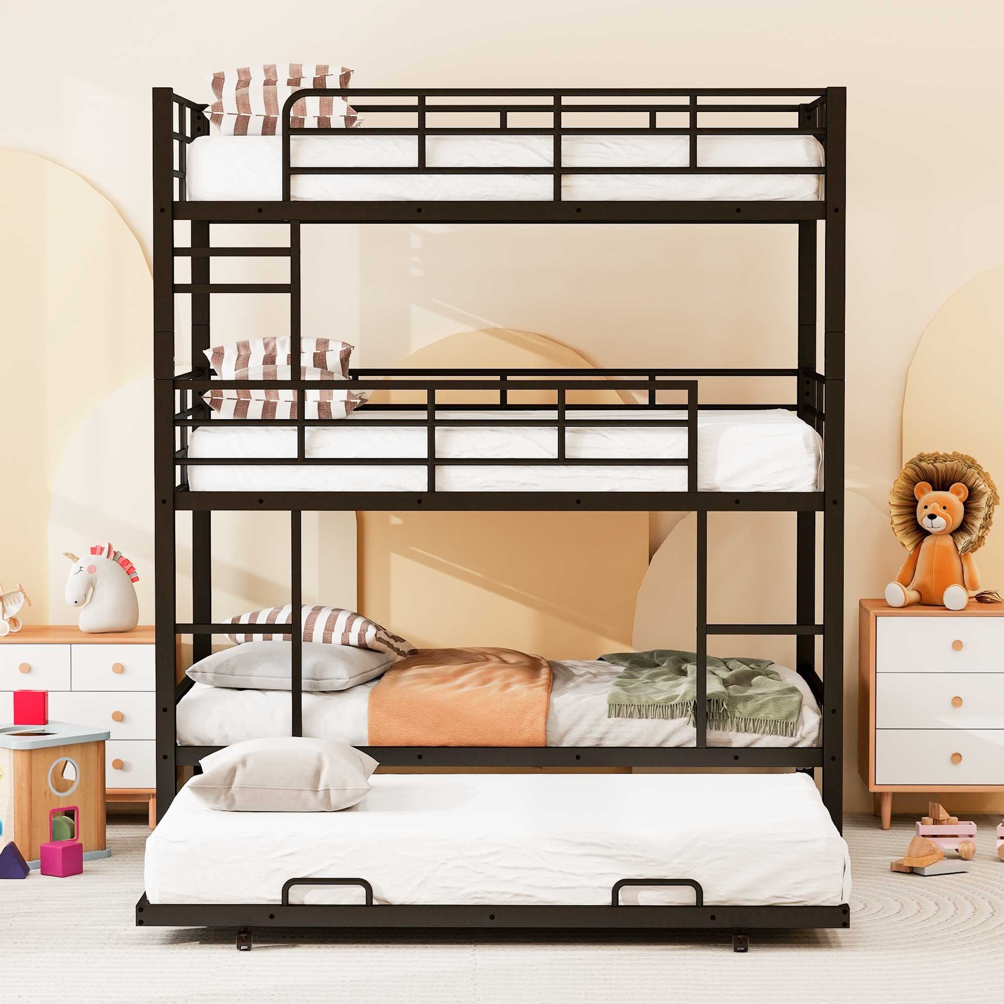 Euroco Metal Twin Triple Bunk Bed with Trundle, Convertible 4 Beds in One Bunk for Kids Teens, Black