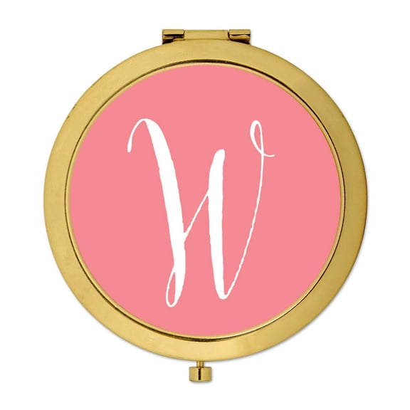 Koyal Wholesale Gold Compact Mirror Bridesmaid's Wedding Gift, Coral, Monogram Letter W, 1-Pack