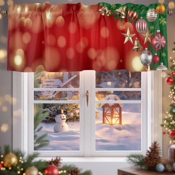 Kitchen Valances for Window, Christmas Balls Stars Light Filtering Rod Pocket Valance Curtain, Bell on Red Background Short Curtains Window Topper for Bedroom Bathroom Living Room 42x12in