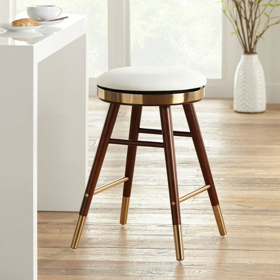 Studio 55D Parker Walnut Metal Bar Stool Brown Gold 26" High Modern White Leather Cushion with Footrest for Kitchen Counter Height Island Home Shed