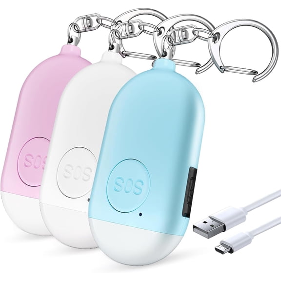 Personal Safety Alarm - 3-Pack - Recharable - Strobe LED Flashlight - SOS Emerncy Loud Siren - Self-Defense Keychain - for Women, Students, Children, Seniors (White, Pink, Blue)