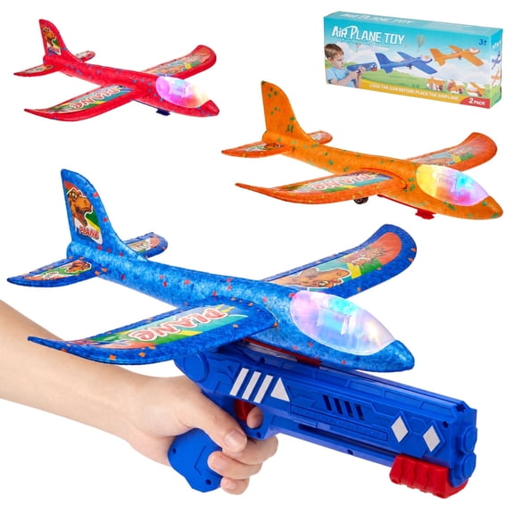 Zacro Airplane Launcher Toys, 3 Pack Foam Glider Catapult Plane Toy with LED Light & Stickers, Outdoor Flying Toys for Boys Girls 3 4 5 6 7 8 Year Old