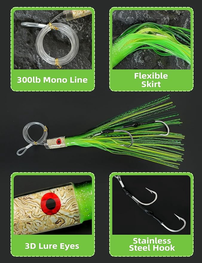 BLUEWING 15in Big Game Trolling Lure with Double Rigged Hookset and 300lb High Strength Fishing Line Saltwater Fishing Lures for Wahoo Tuna Marlin Mahi Mahi Green/Black