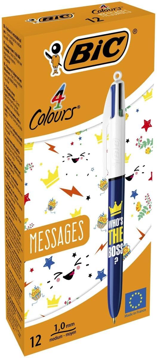 BIC 4 Colours Messages Ballpoint Pens Medium Point (1mm) - Who's The Boss Design, Box of 12