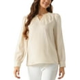 thumbnail image 4 of Blusa de satén para mujer con cuello redondo, mangas largas abullonadas y pliegues, color champán, 4 of 6