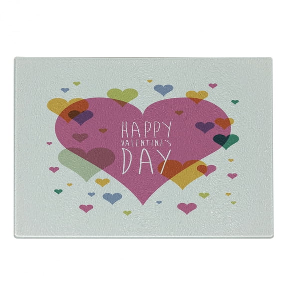 Valentines Day Cutting Board, Happy Celebration Words Love Romance Theme Abstract Image Heart, Decorative Tempered Glass Cutting and Serving Board, Small Size, Multicolor, by Ambesonne