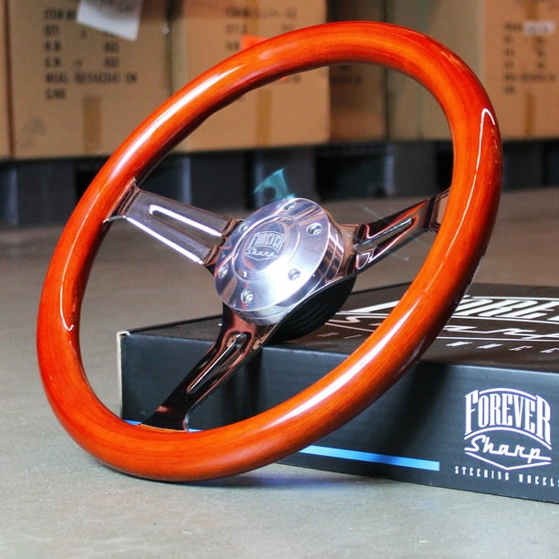 14" Steering Wheel Light Wood Polished w/ 3 Spokes 6 Hole Chrome Horn