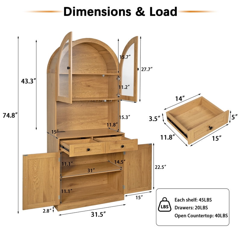 Farmhouse Arched Kitchen Storage Pantry with Charging Station on Open Countertop, Coffee Bar Cabinet with Adjustable Shelf