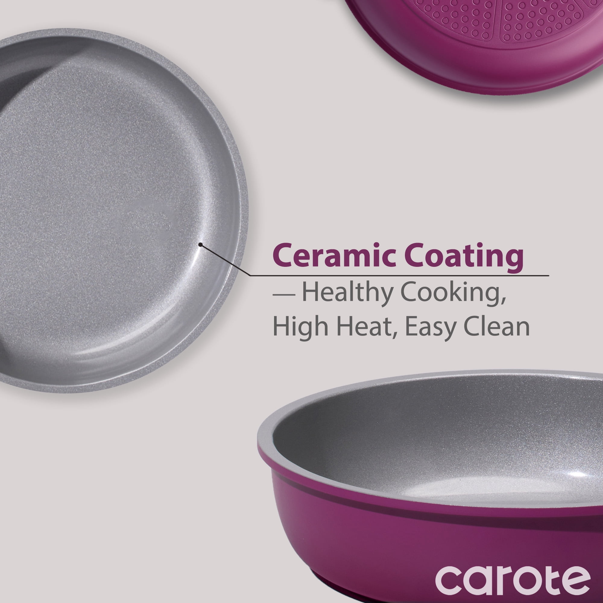 Carote Ceramic Nonstick Detachable Pots and Pans Set, 3 Pieces Non Toxic Cookware Set with Induction, Oven/Dishwasher Safe, Easy for Storage, Magenta Purple