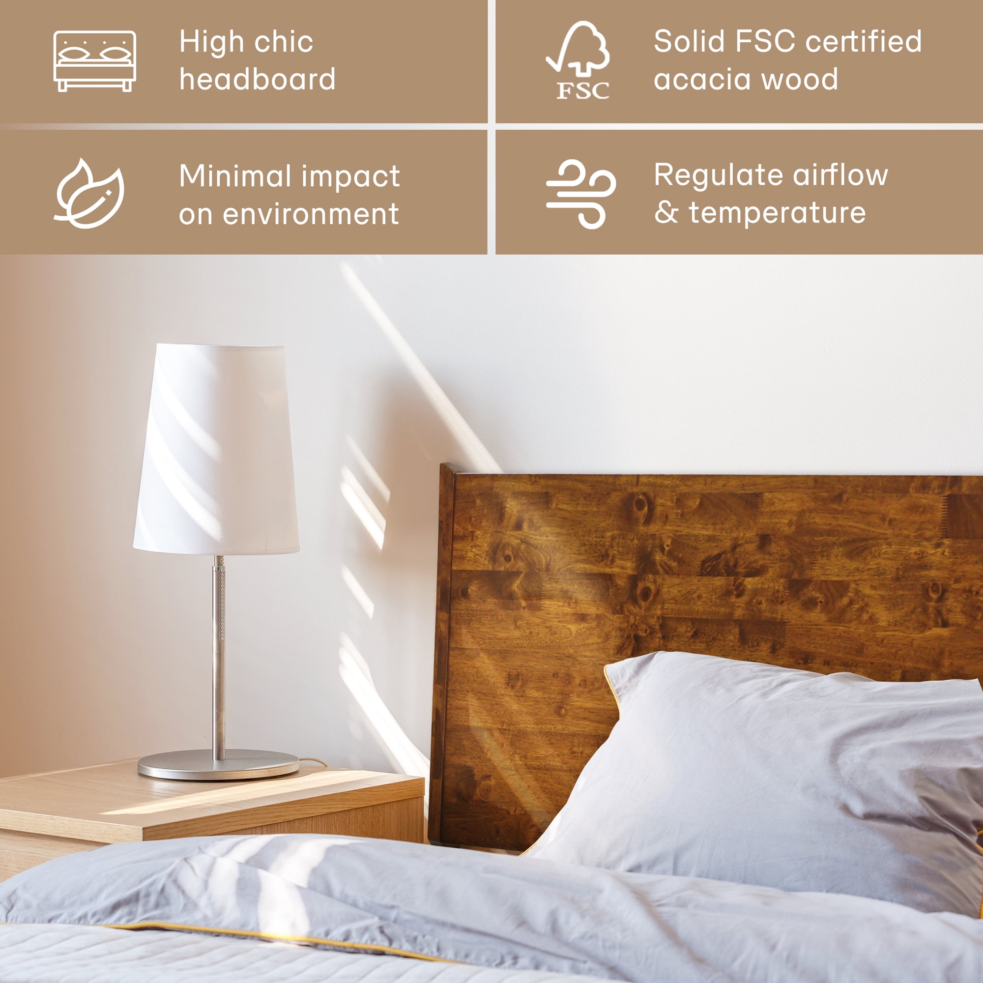 Acacia Haven King Size Bed Frame and Headboard Solid Wood Platform Bed, King Bed Frame 800 lbs Capacity, Scandinavian Signature Wood Bed Compatible with All Mattresses, Walnut