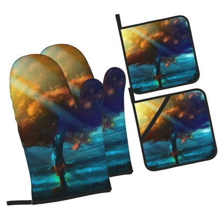 

ZICANCN Oven Mitts and Pot Holders Sets Fairy Tale Fantasy Forest Big Tree Baking Sets Kitchen Heat Resistant 4 Pieces