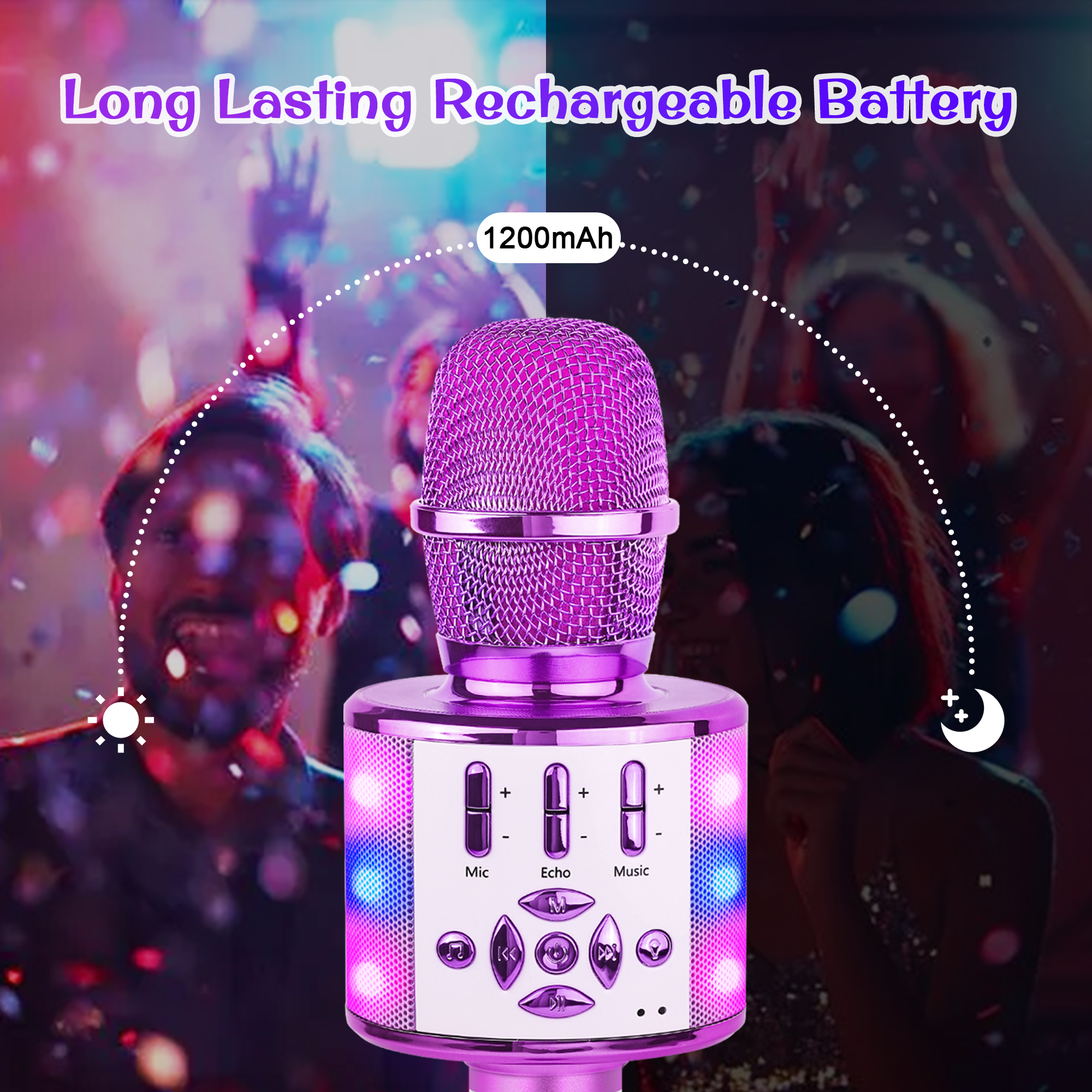 Bonaok Bluetooth Wireless Karaoke Microphone, Portable Handheld Karaoke Machine with LED Lights, Bluetooth Microphone Speaker Singing Gift for Kids Adults(Light Purple)