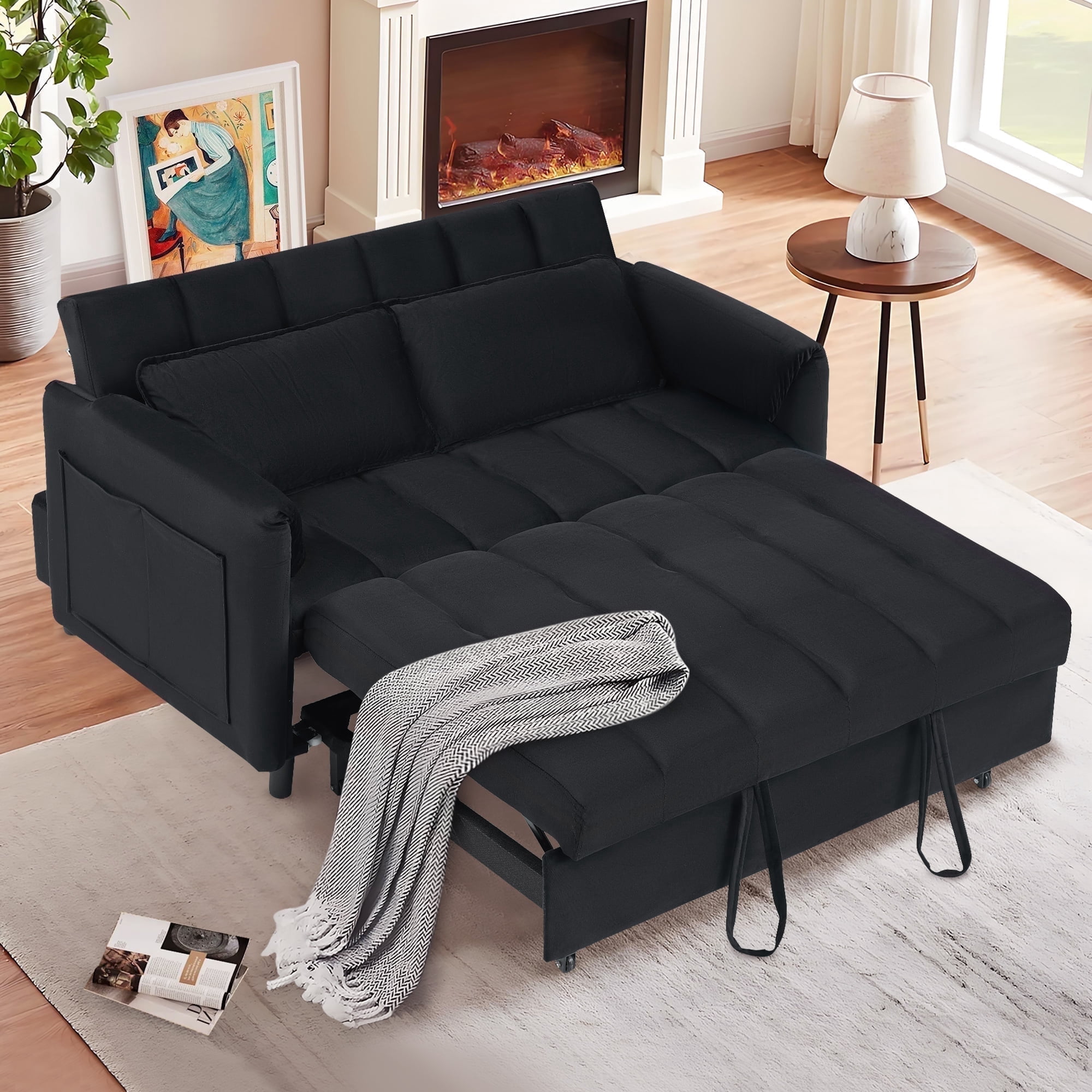 BedLuxury 53" Velvet Convertible Futon Sofa Bed, 3-in-1 Loveseat Sleeper Sofa with Pull Out Bed & Adjustable Backrest for Living Room or Office, Black