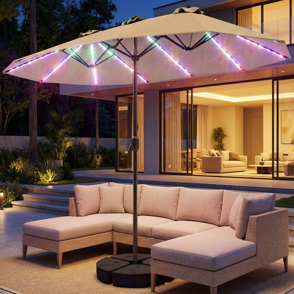 TASKBAY Patio Umbrella 48 LED Colorful Lights, 15ft Double Sided Outdoor Large Rectangular Patio Umbrella with Crank Handle, for Lawn Garden, Home, Outdoor Activities, Beige(with Base)
