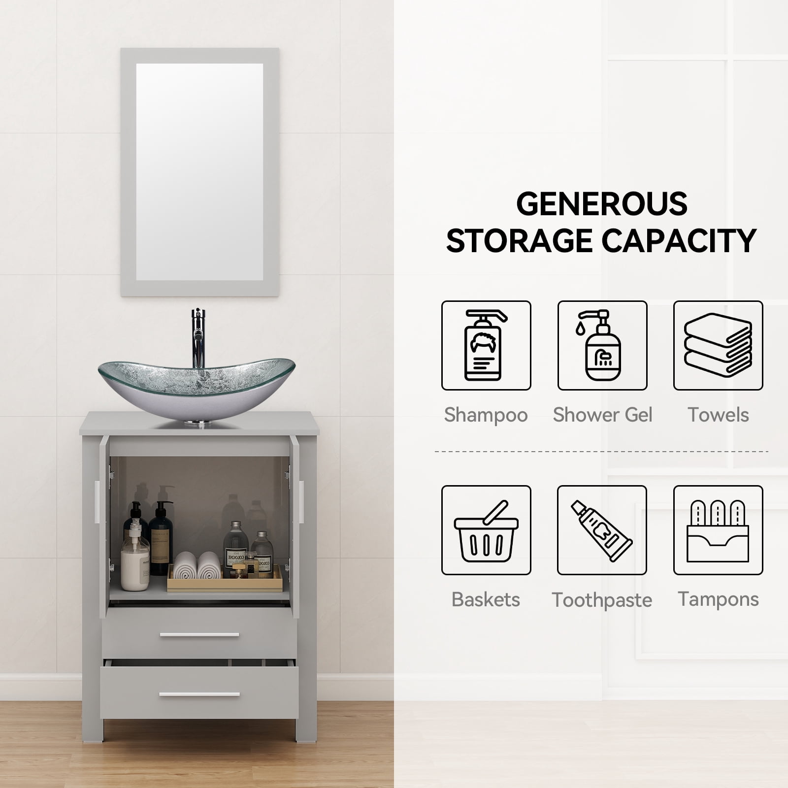 ELECWISH 24-Inch Bathroom Vanity in Gray with Mirror and Vessel Sink Set, Modern Stand Pedestal Cabinet with Silver Glass Sink Set