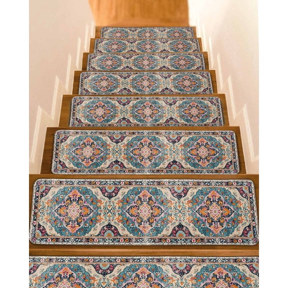 Bohemia Flower, Stair Treads for Wooden Steps Indoor Runner Rug Carpet, Colorful Vintage Abstract Geometric 7 Pieces Peel and Stick Staircase Step Treads Covers Washable Throw Door Mats, 30"x8"