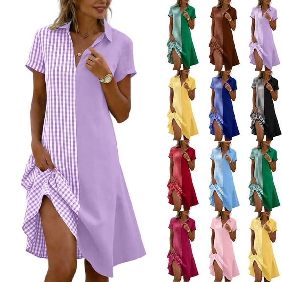Horkkom Shirt Dresses for Women V Neck Short Sleeve Midi Dresses Summer Plaid Print Casual Dresses L