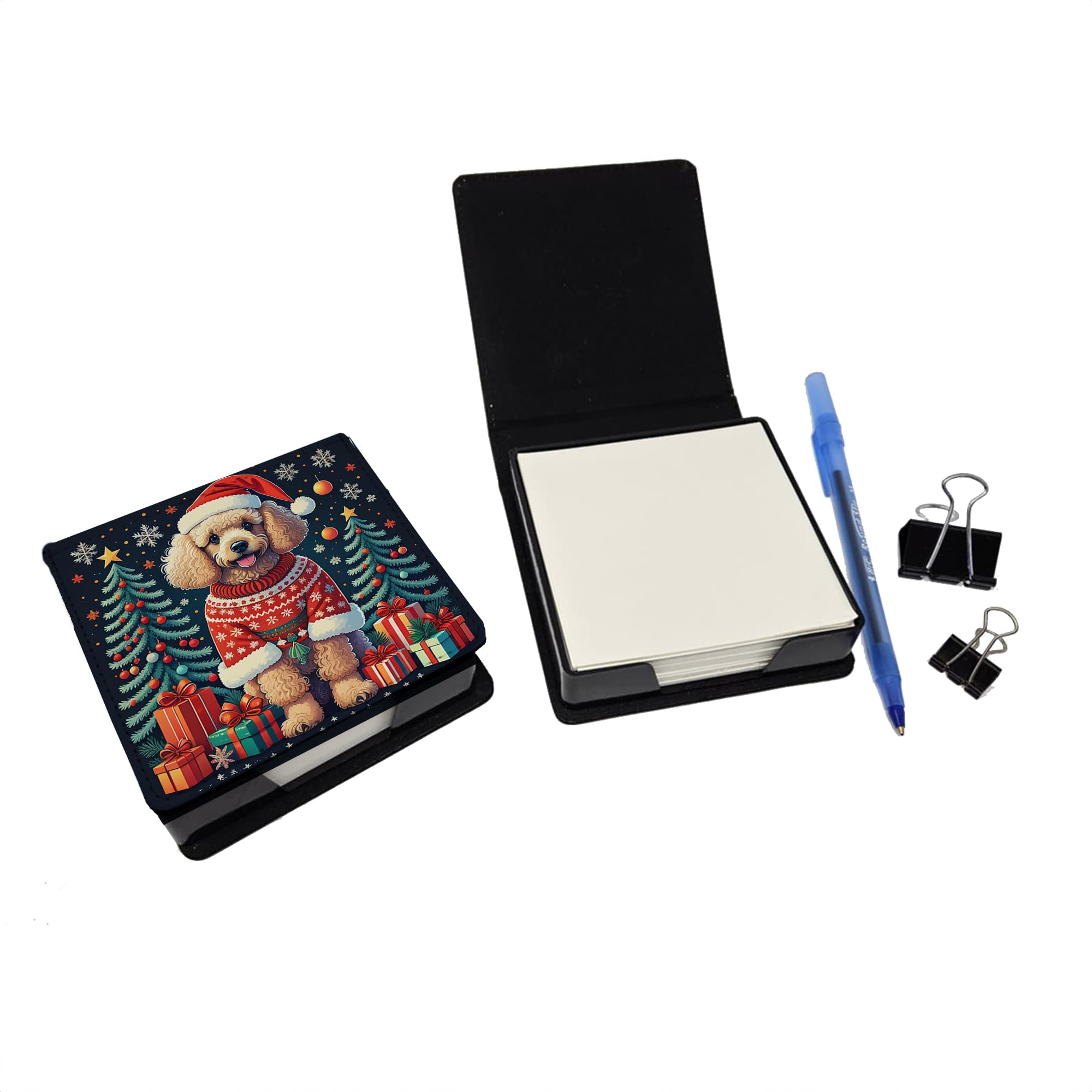 Caroline's Treasures Apricot Toy Poodle Christmas PU Leather Note Paper Holder with Artist-Designed Cover, Desk Accessory, Office Gift
