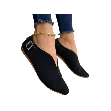 

Bellella Women Loafers Pointy Toe Flat Shoes V-cut Flats Faux Suede Boat Shoe Work Casual Black 8