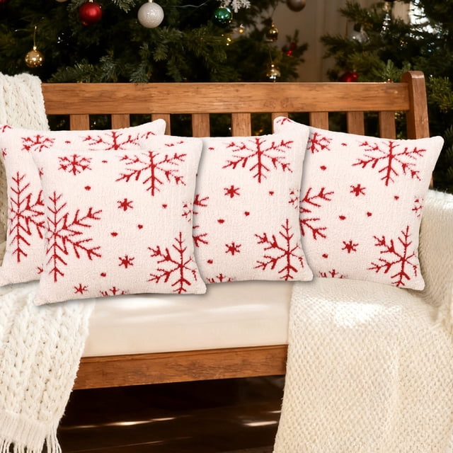 Eoozwa Velvet Snowflake Christmas Pillow Cover Polyester Fabric for Sofa Bedroom Decor Red Gray Green Colors Festive Home Accent