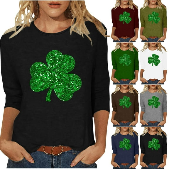 YUANxueke St Patricks Day Shirt Women 3/4 Sleeve Shamrock Print T-shirt Crew Neck Irish Saint Patricks Day Outfits